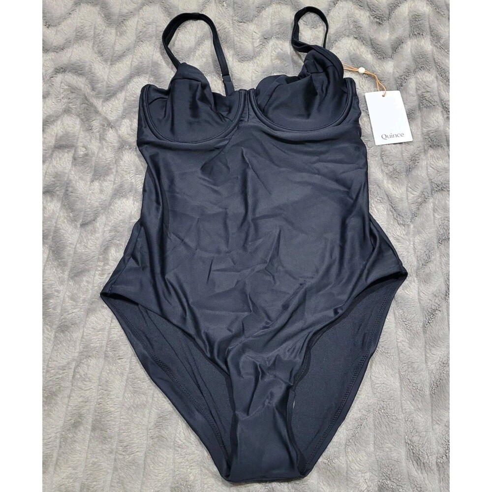 Quince Womens L Solid Black Tie Back One Piece Swimsuit With Underwire NWT